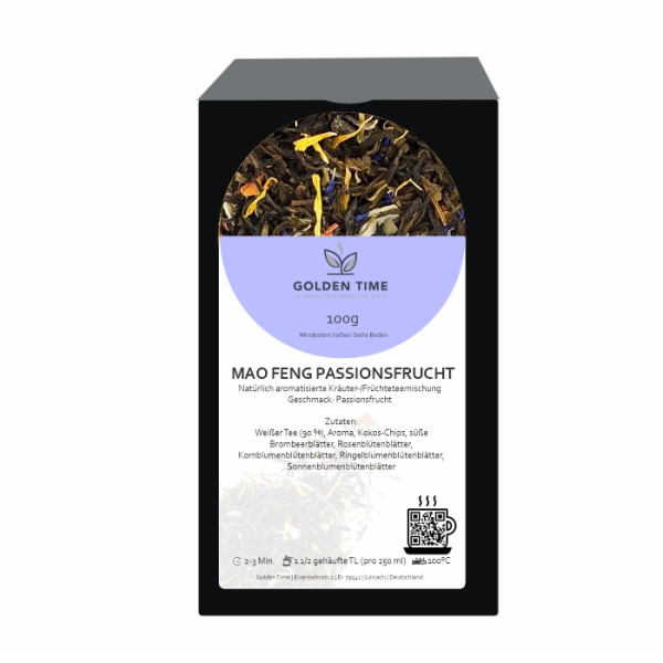 Mao Feng grüner Tee mit Passionsfrucht und Pfirsich
Fruchtiger grüner Tee mit Vanille und Blüten
Exotischer Mao Feng Tee lose Blätter
