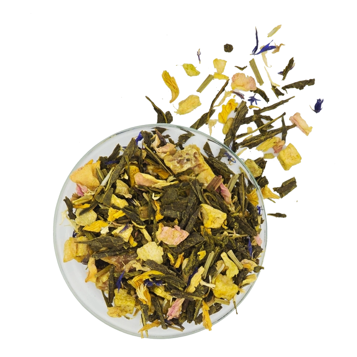 Grüntee mit Blüten und Lemongras