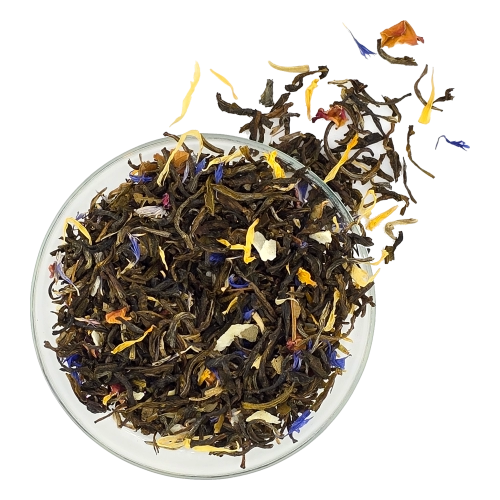 Mao Feng grüner Tee mit Passionsfrucht und Pfirsich
Fruchtiger grüner Tee mit Vanille und Blüten
Exotischer Mao Feng Tee lose Blätter
