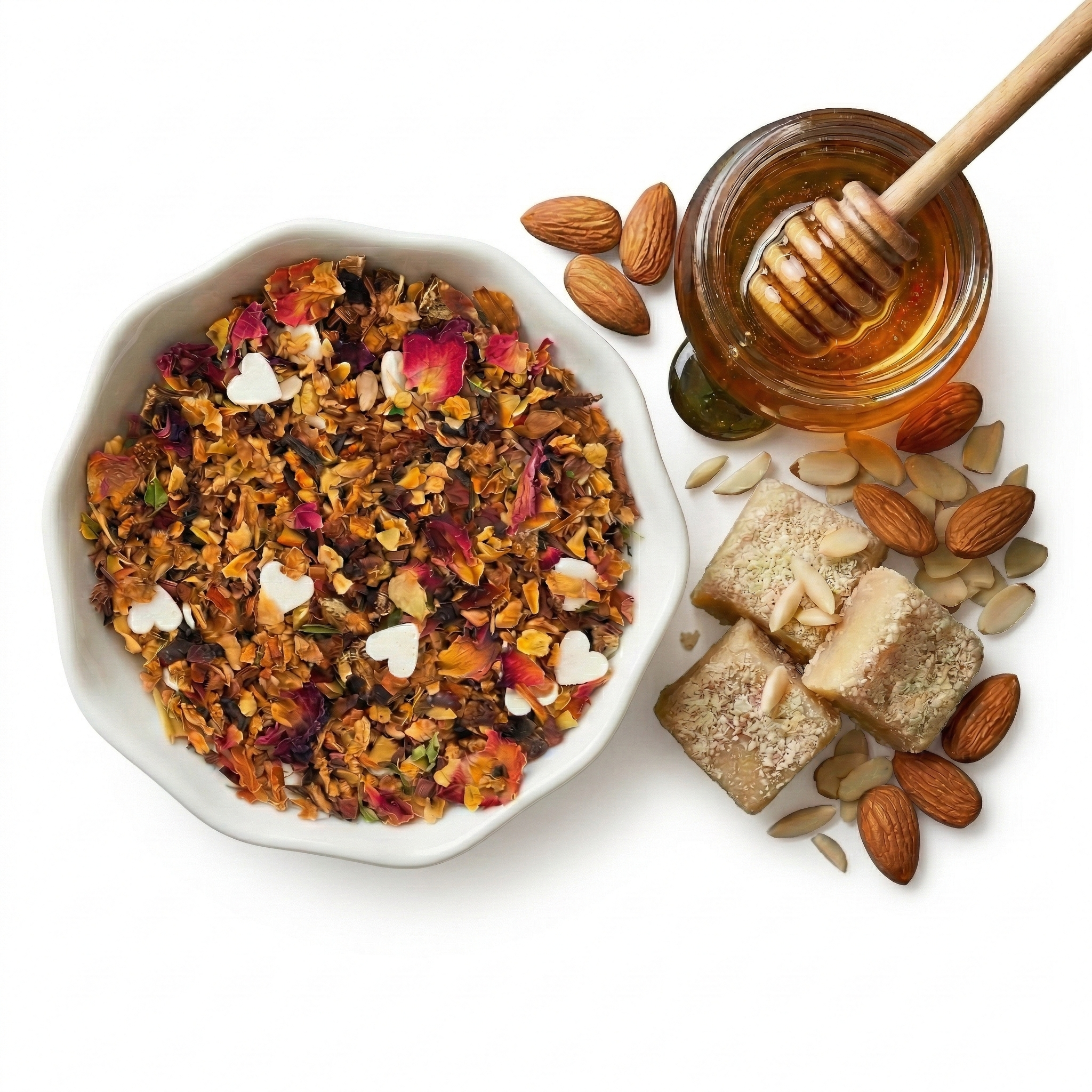 Früchte und Kräutertee mit Marzipan und Mandel